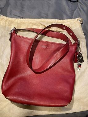 Coach Crimson Leather Shoulder Bag with Strap and Charm